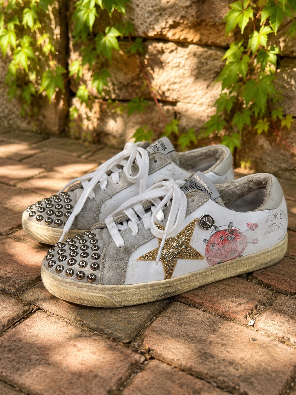 MELINE Lace Up Glitter Star Lace Up Italian Embellished Sneakers, 38